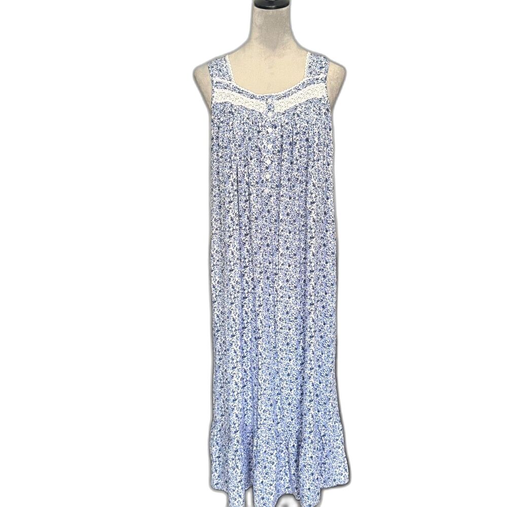 Eileen West Blue Floral Maxi S Cottagecore Lace Trim Sleeveless Rayon Nightgown
